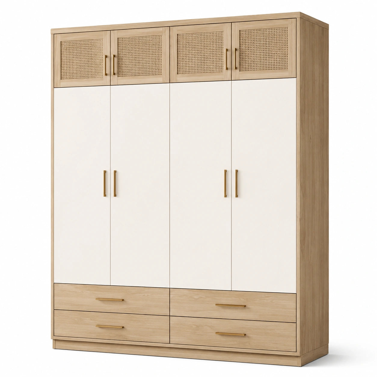 Armadio moderno con 8 ante, inserti in rattan e 4 cassetti, rovere naturale e bianco, 200 × 55 × 220 cm
