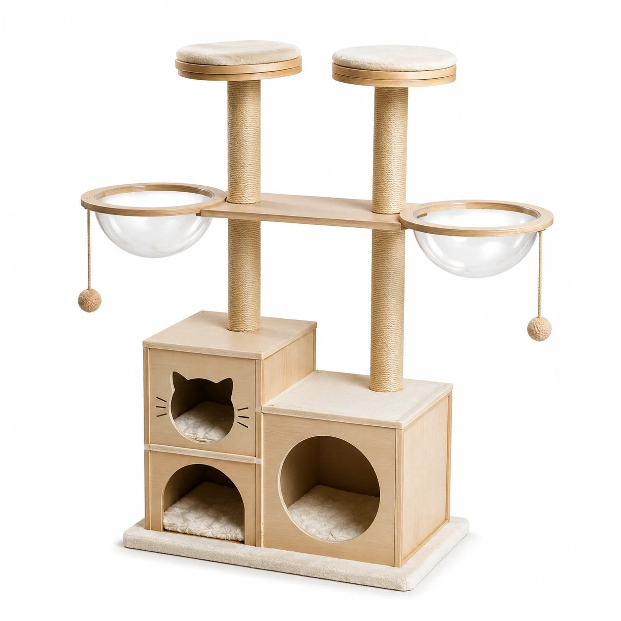 Tiragraffi per gatti multilivello 110 × 50 × 160 cm in legno beige con 3 cucce, 2 amache trasparenti e pali in sisal