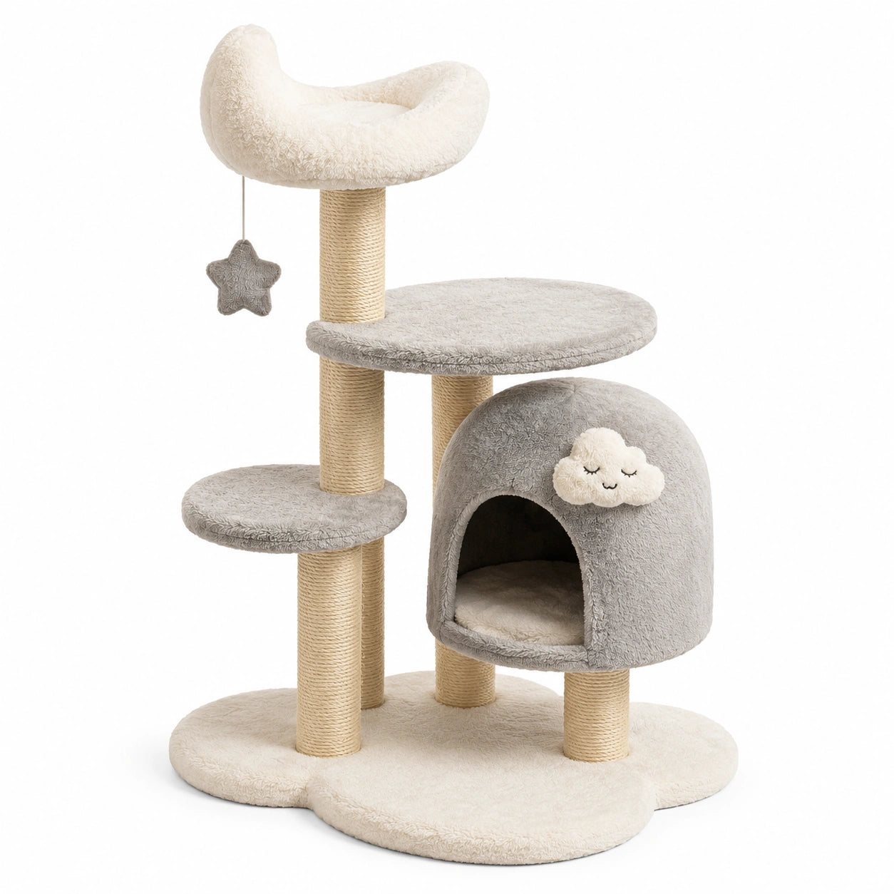 Tiragraffi multilivello per gatti 90 × 60 × 140 cm grigio, crema e beige con cuccia e cesta
