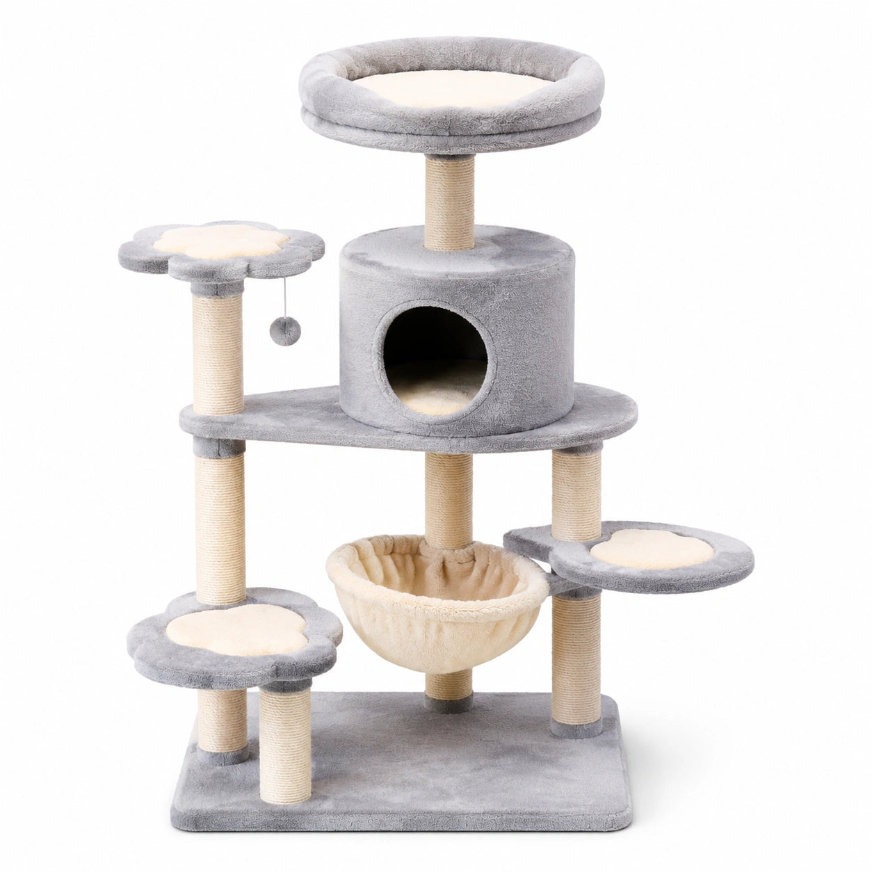 Albero tiragraffi multilivello 105 × 60 × 150 cm in sisal e peluche grigio, beige e crema con cuccia e amaca