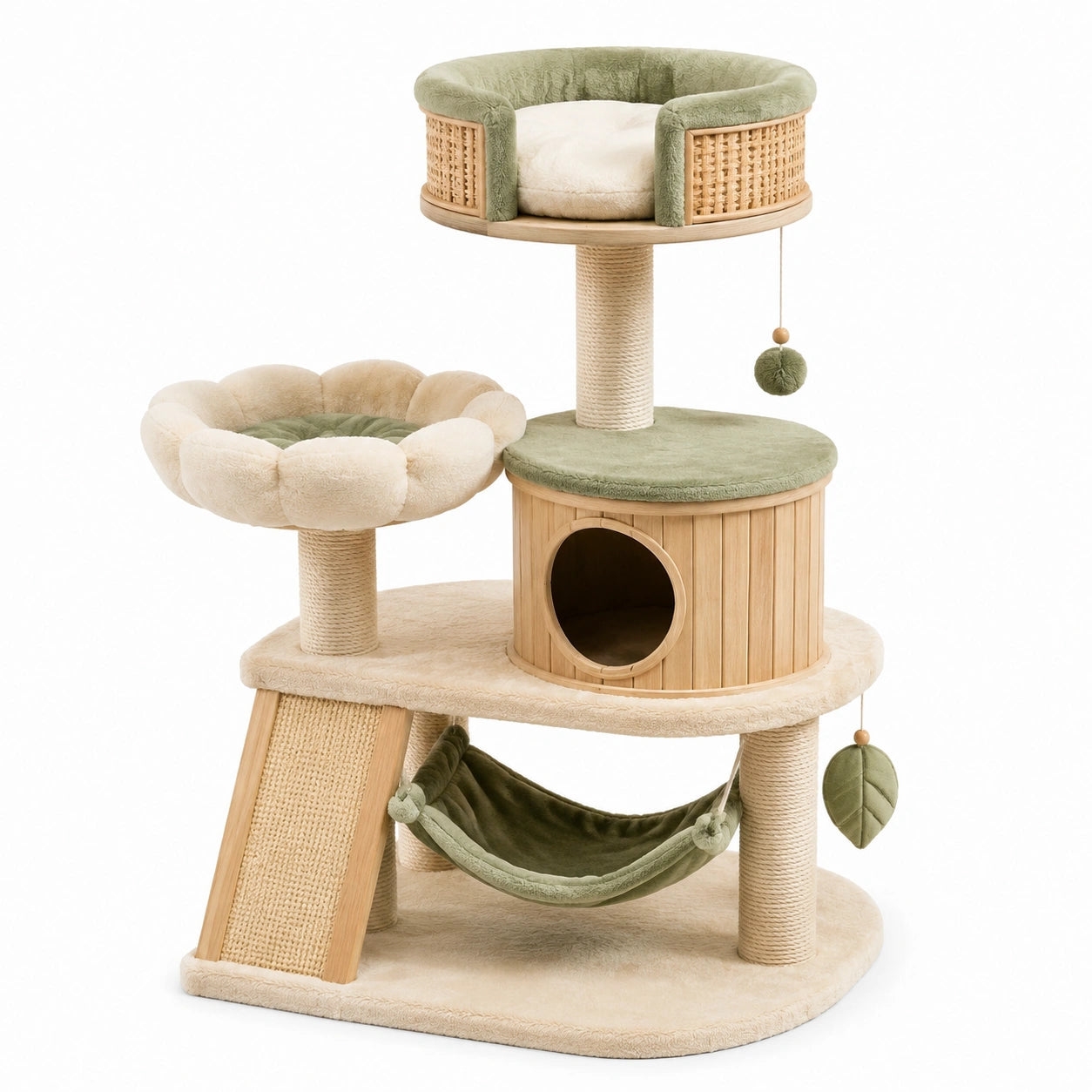 Tiragraffi multilivello per gatti 100 × 60 × 135 cm in sisal e tessuto beige e verde con cuccia e amaca