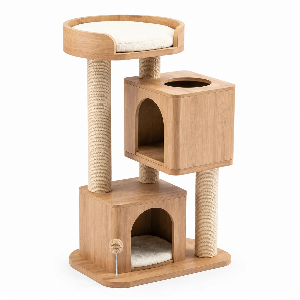Tiragraffi per gatti multilivello in rovere chiaro, beige e bianco, 80 × 50 × 150 cm, con due cucce e pali in sisal