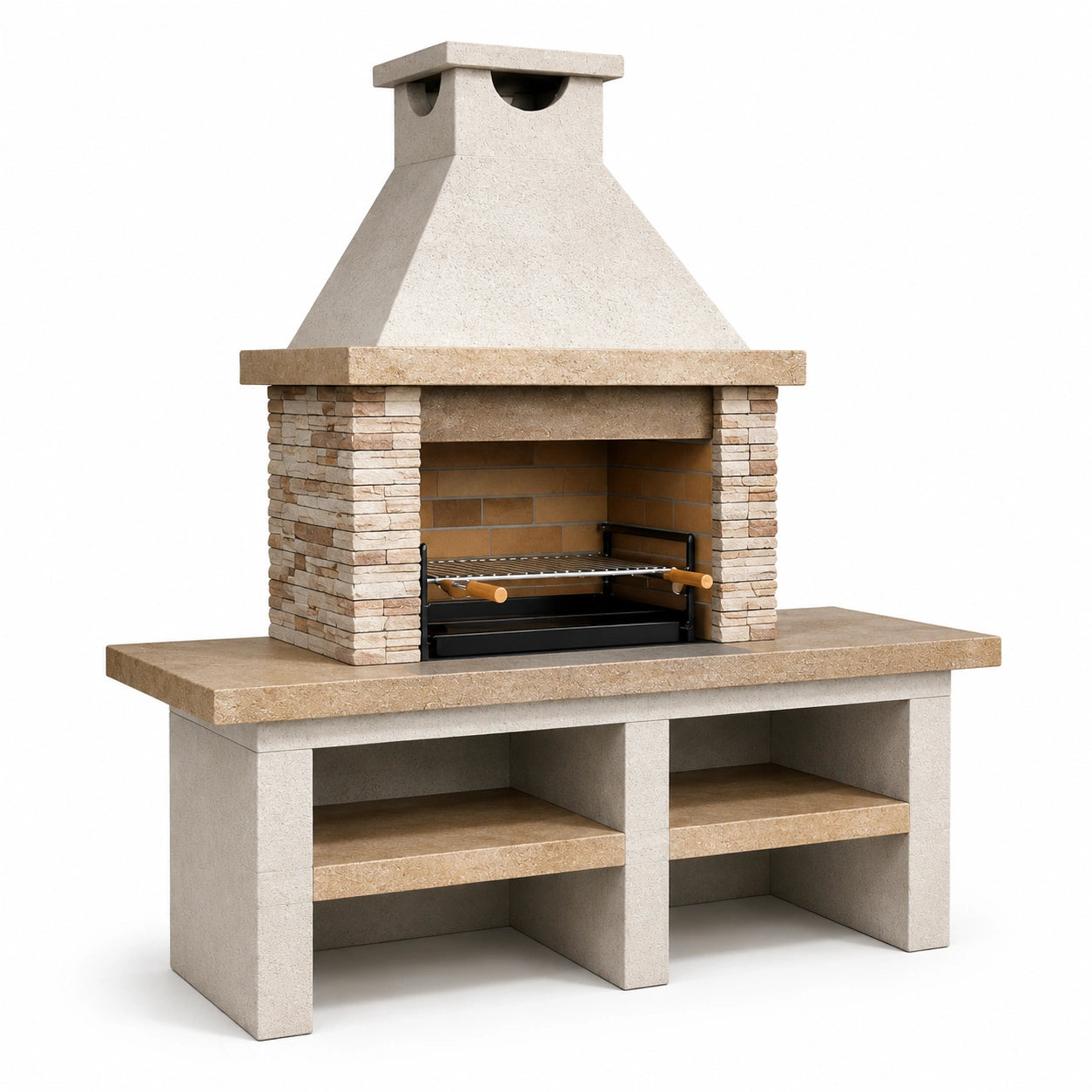 Barbecue da giardino con camino, griglia e ripiani, beige, marrone e nero, 160 × 70 × 210 cm