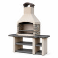 Barbecue da giardino in cemento beige, grigio e marrone, 180 × 65 × 235 cm, con griglia, camino, piano di lavoro e ripiani