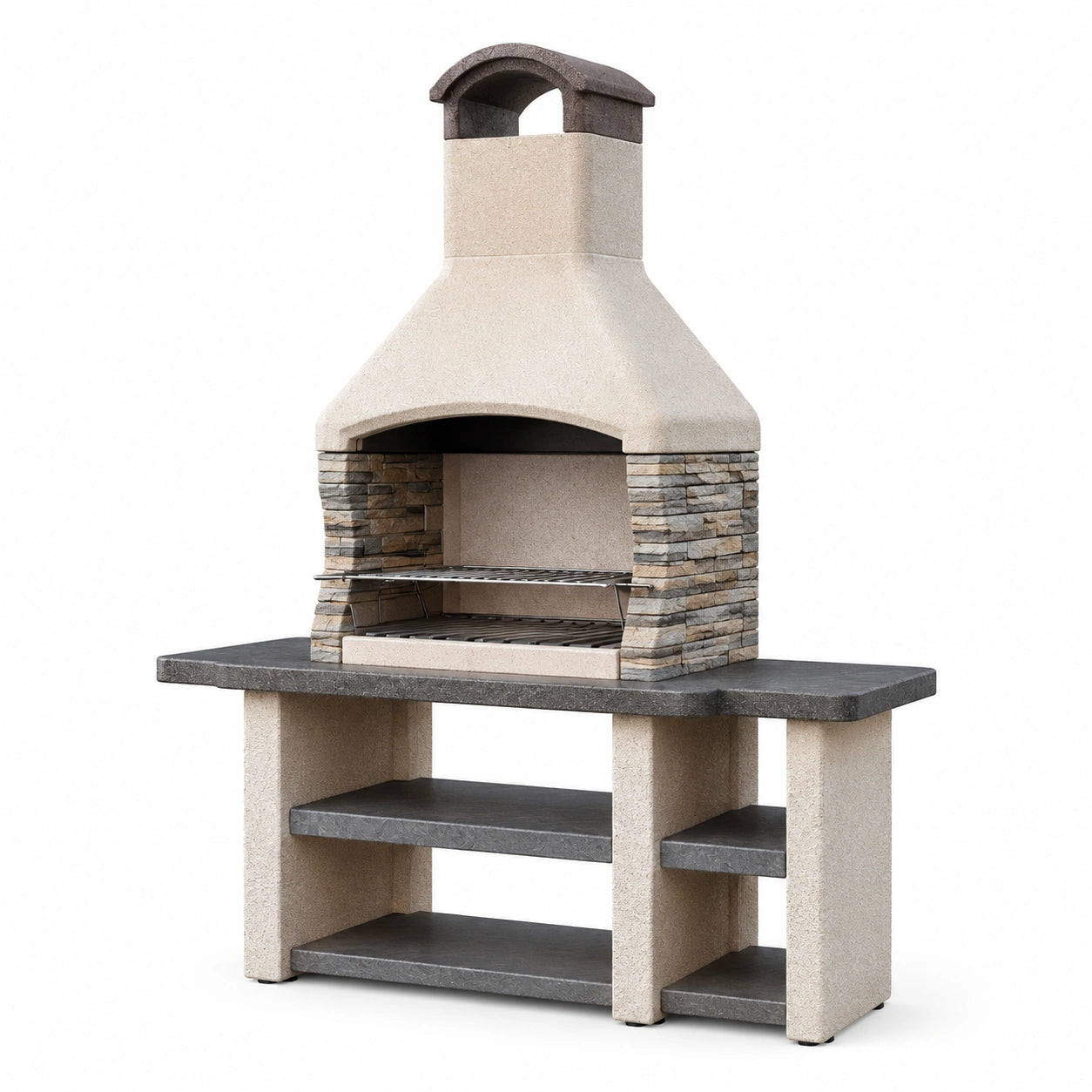 Barbecue da giardino in cemento beige, grigio e marrone, 180 × 65 × 235 cm, con griglia, camino, piano di lavoro e ripiani