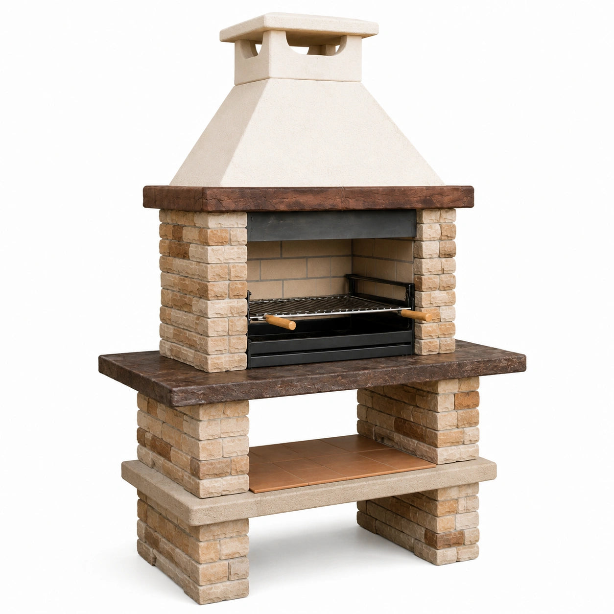 Barbecue in muratura da giardino 110 × 65 × 210 cm beige, marrone, nero e bianco con cappa, griglia e ripiano