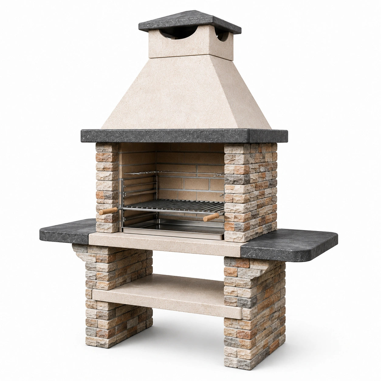 Barbecue da giardino in muratura beige, antracite e marrone 160 × 70 × 215 cm con griglia regolabile e piani laterali