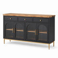 Credenza moderna nera e marrone con dettagli dorati, 3 cassetti e 4 ante in vetro scanalato, 150 × 40 × 90 cm