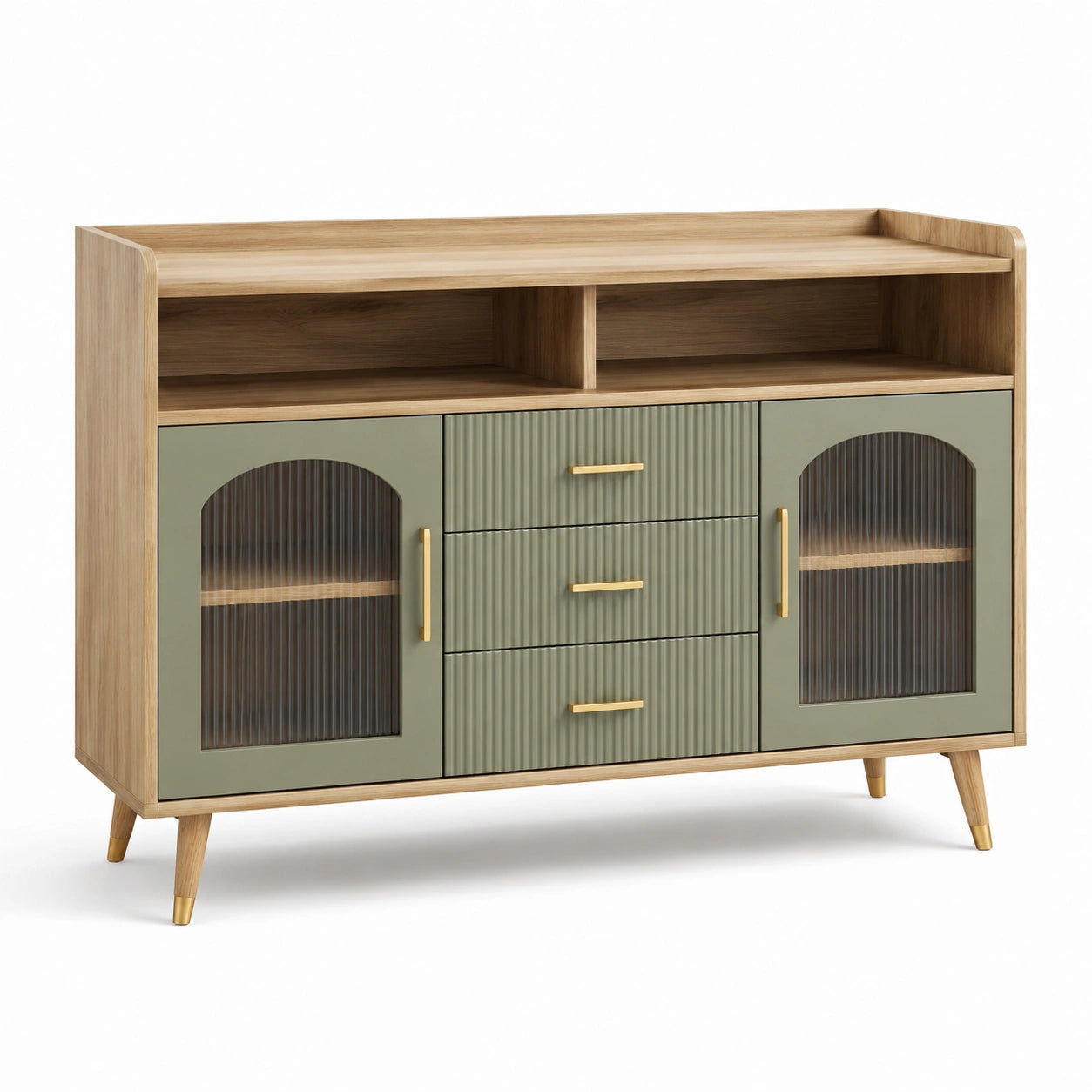 Credenza verde salvia e legno naturale con 3 cassetti, 2 ante e vani aperti, 140 × 40 × 100 cm