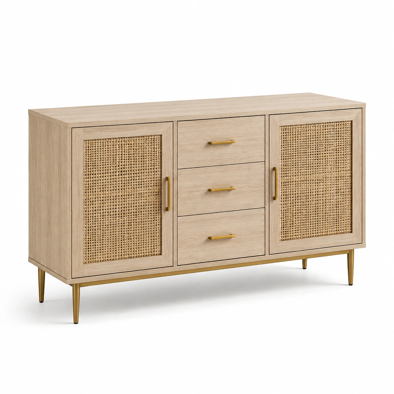 Credenza effetto rovere chiaro con rattan naturale e dettagli dorati, 140 × 40 × 80 cm