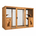 Recinto per gatti in legno marrone naturale e rete nera con ripiani e rampe, 200 × 80 × 170 cm