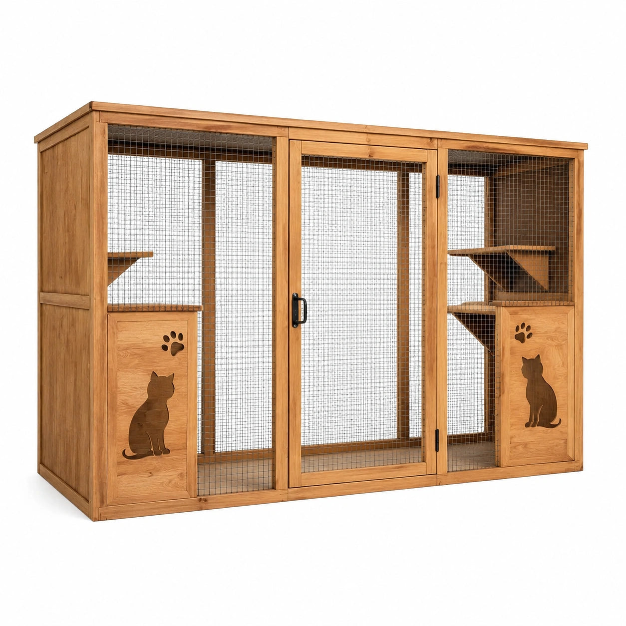 Recinto per gatti in legno marrone naturale e rete nera con ripiani e rampe, 200 × 80 × 170 cm