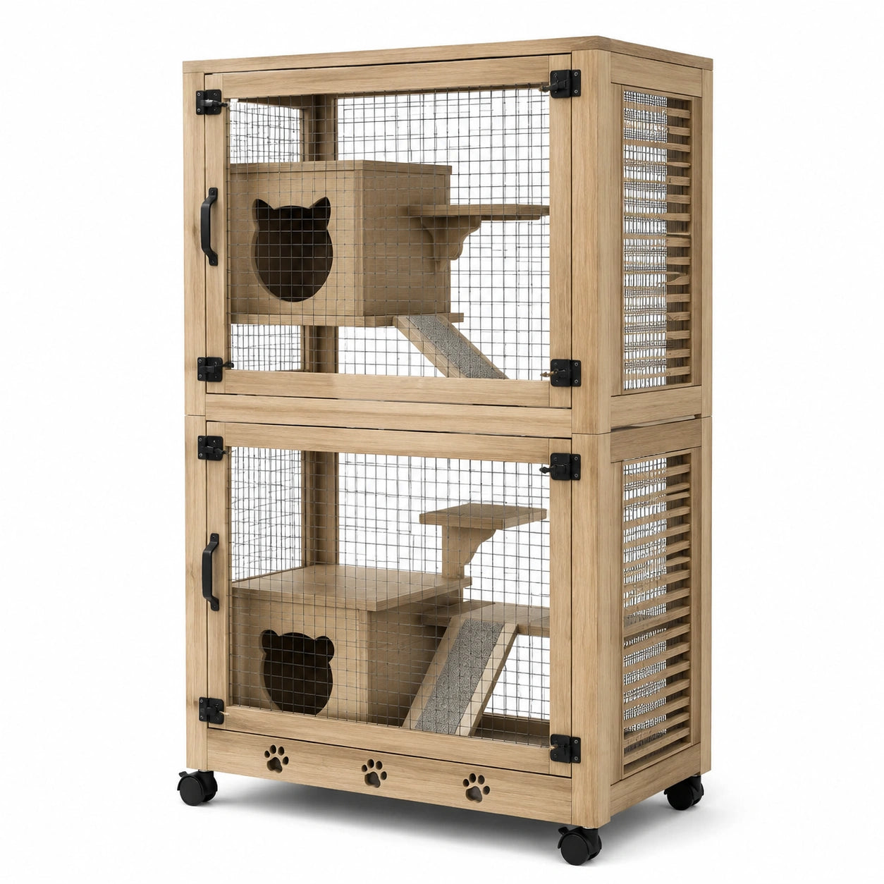 Gabbia per gatti a due livelli in legno naturale e rete metallica con ruote, 90 × 60 × 160 cm