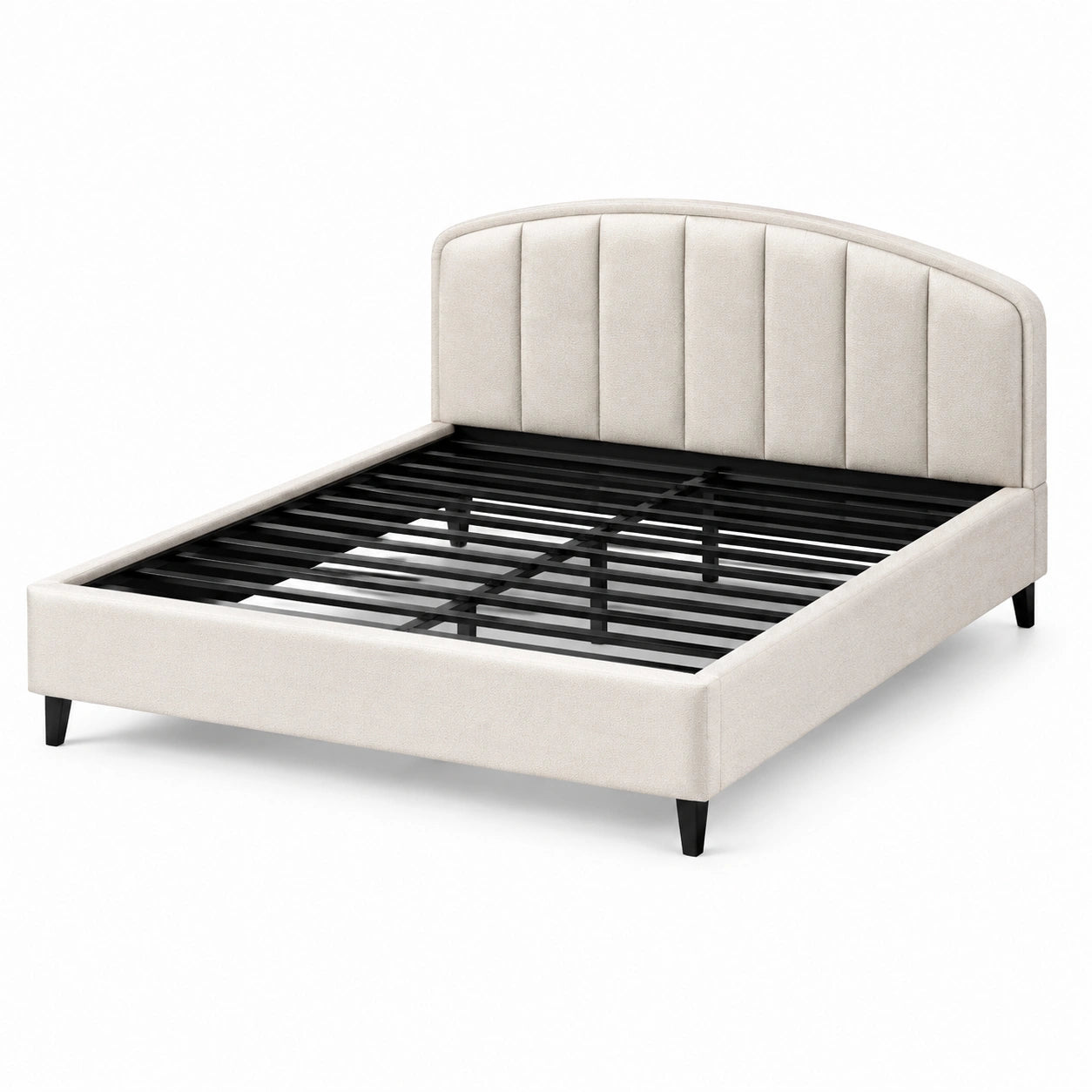 Letto matrimoniale moderno 170 × 215 × 110 cm, per materasso 160 × 200 cm, in tessuto beige con rete metallica nera