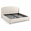 Letto matrimoniale imbottito in bouclé avorio, 196 x 216 x 112 cm, per materasso 180 x 200 cm, con rete nera e piedini marrone chiaro