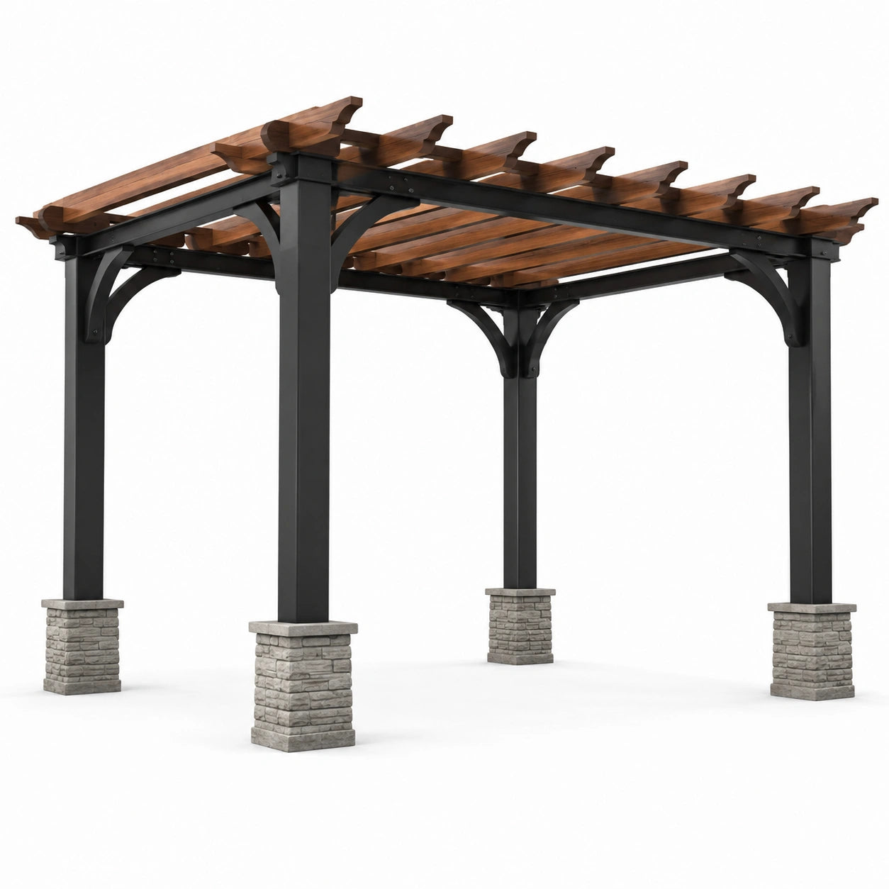 Pergola autoportante 400 × 300 × 270 cm in metallo nero e legno marrone con lamelle aperte