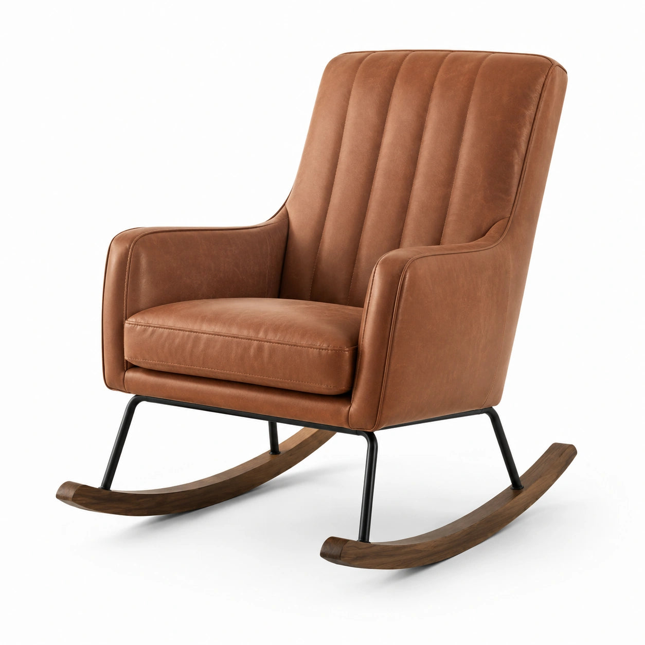 Poltrona a dondolo moderna marrone effetto pelle con pattini in legno, 75 × 92 × 98 cm