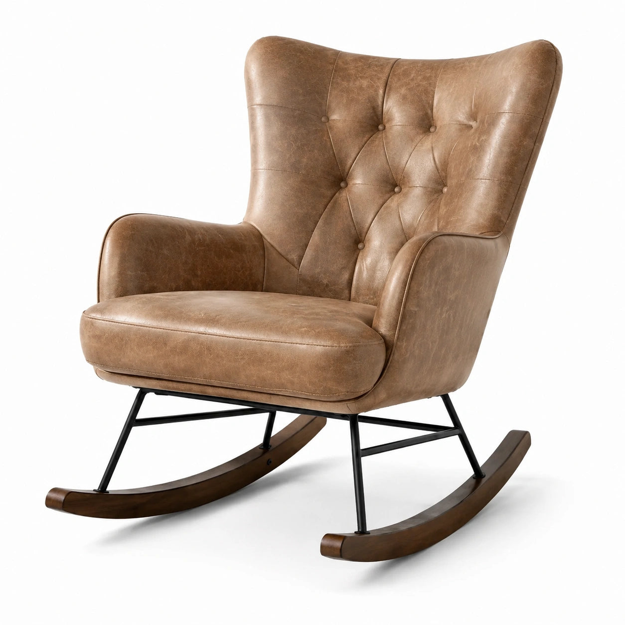 Poltrona a dondolo vintage marrone effetto pelle con schienale capitonné, 80 × 95 × 105 cm
