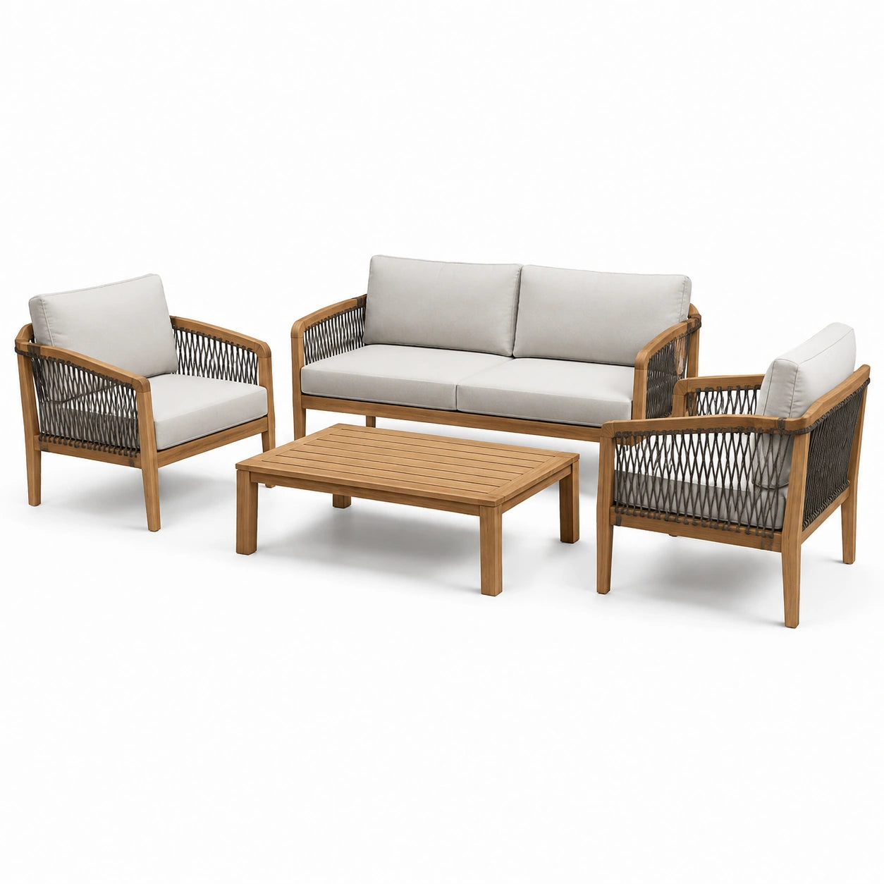 Set da giardino in legno e corda, marrone, beige e grigio scuro, divano 130 x 72 x 78 cm, poltrone 68 x 72 x 78 cm e tavolino 100 x 60 x 40 cm