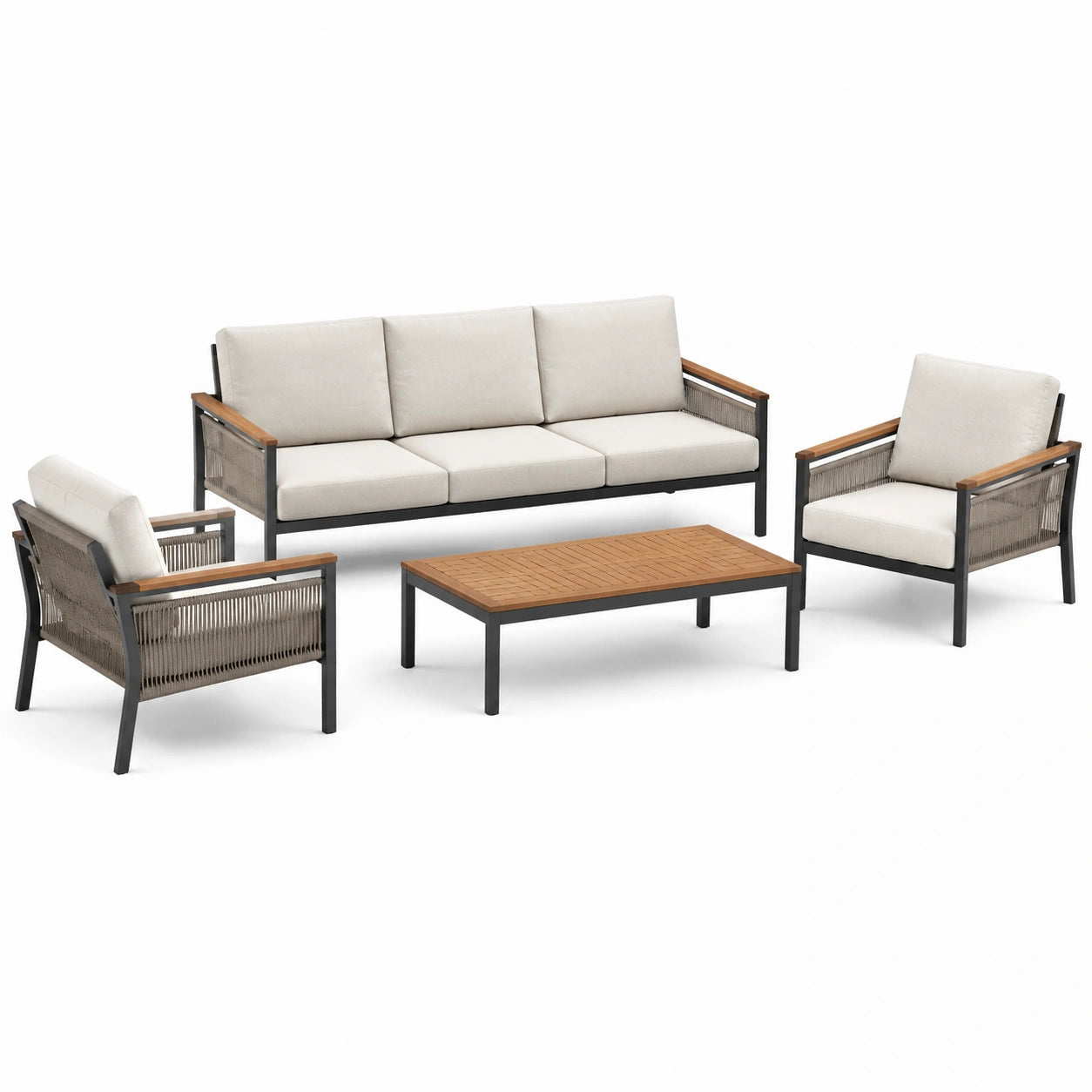 Set da giardino moderno 4 pezzi beige, nero, marrone e grigio tortora con divano 190 × 75 × 78 cm, 2 poltrone 70 × 75 × 78 cm e tavolino 110 × 60 × 40 cm