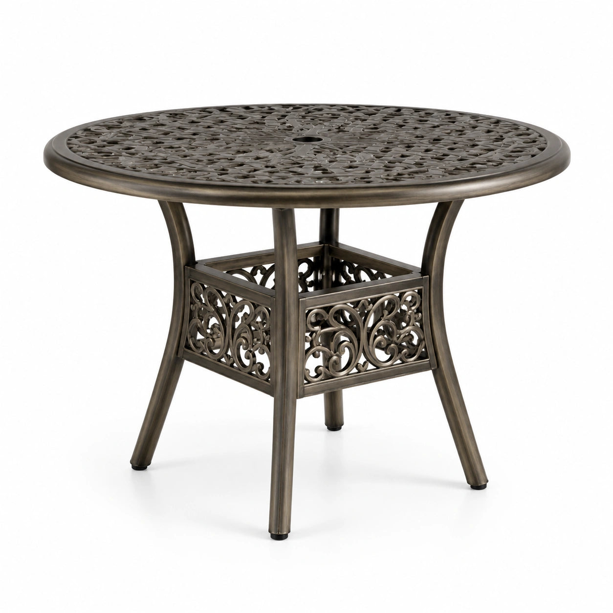 Tavolo rotondo da esterno in alluminio bronzo con foro per ombrellone, Ø 106 × 73 cm, stile classico